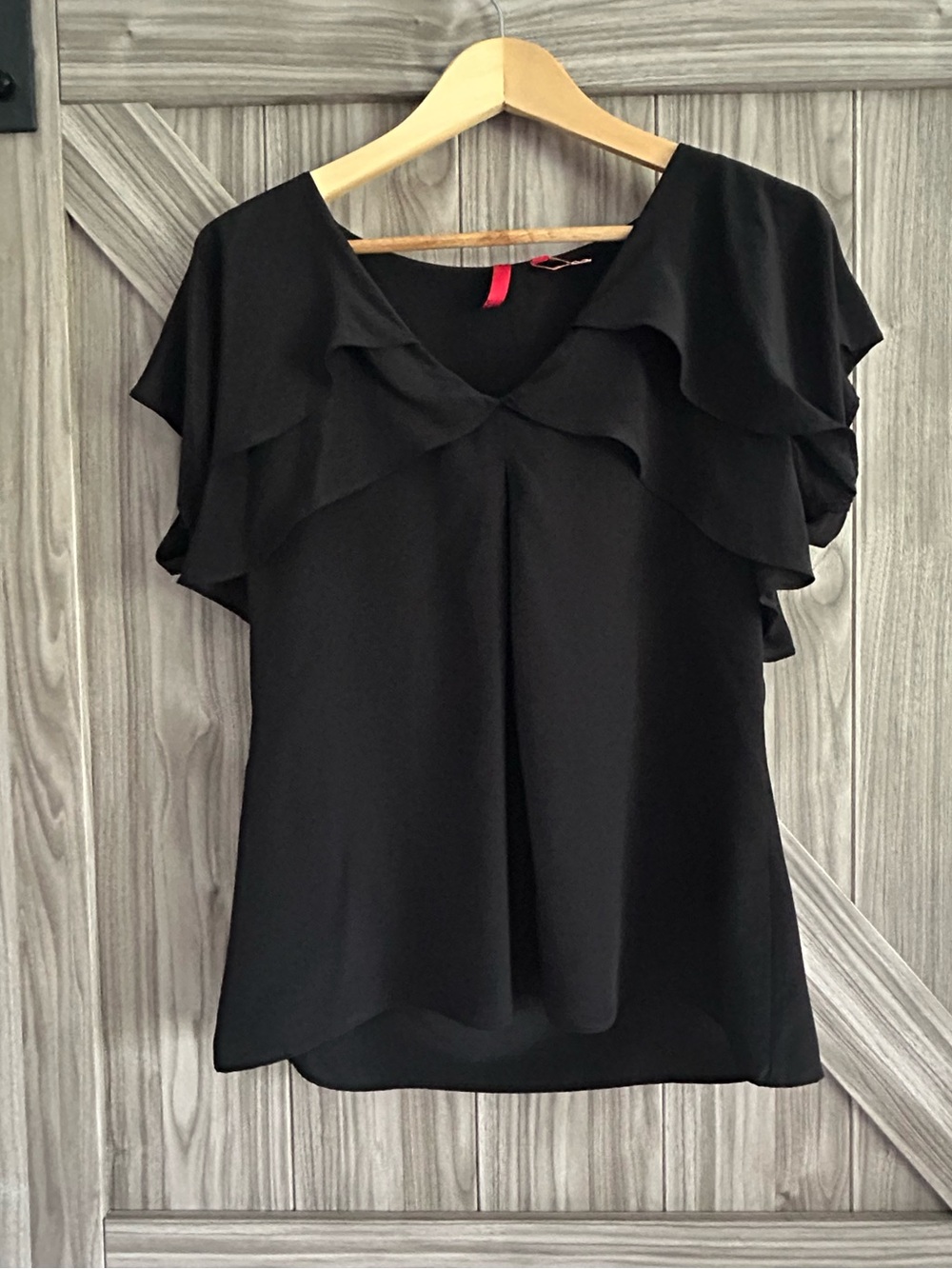 5/48 Saks Fifth Avenue 100% Silk Black Ruffle Flutter Sleeve Blouse Size M